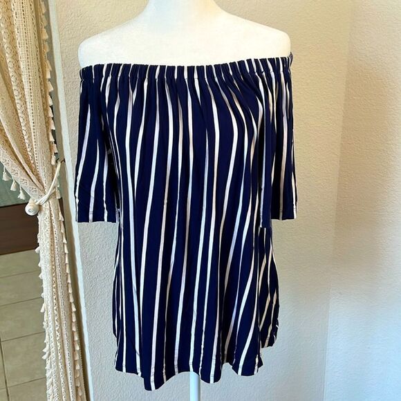 cable & guage Vertical Striped Off the Shoulder Flutter Sleeve Top ~ Size Medium - Picture 1 of 7